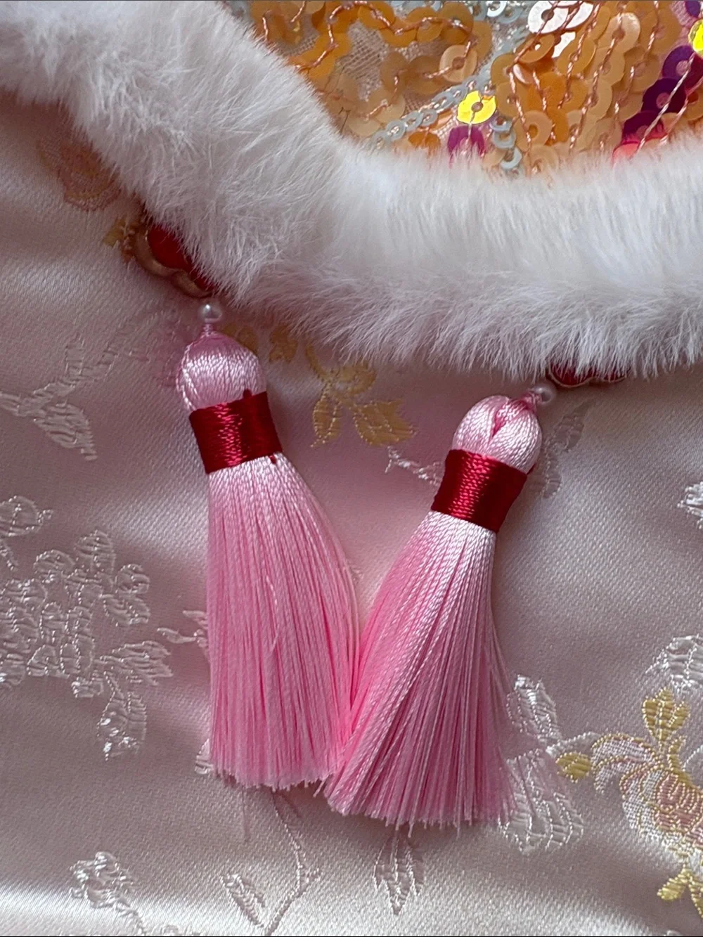 New year Embellished Satin & Faux Fur Pet Hooded Coat - Pink Multicolor